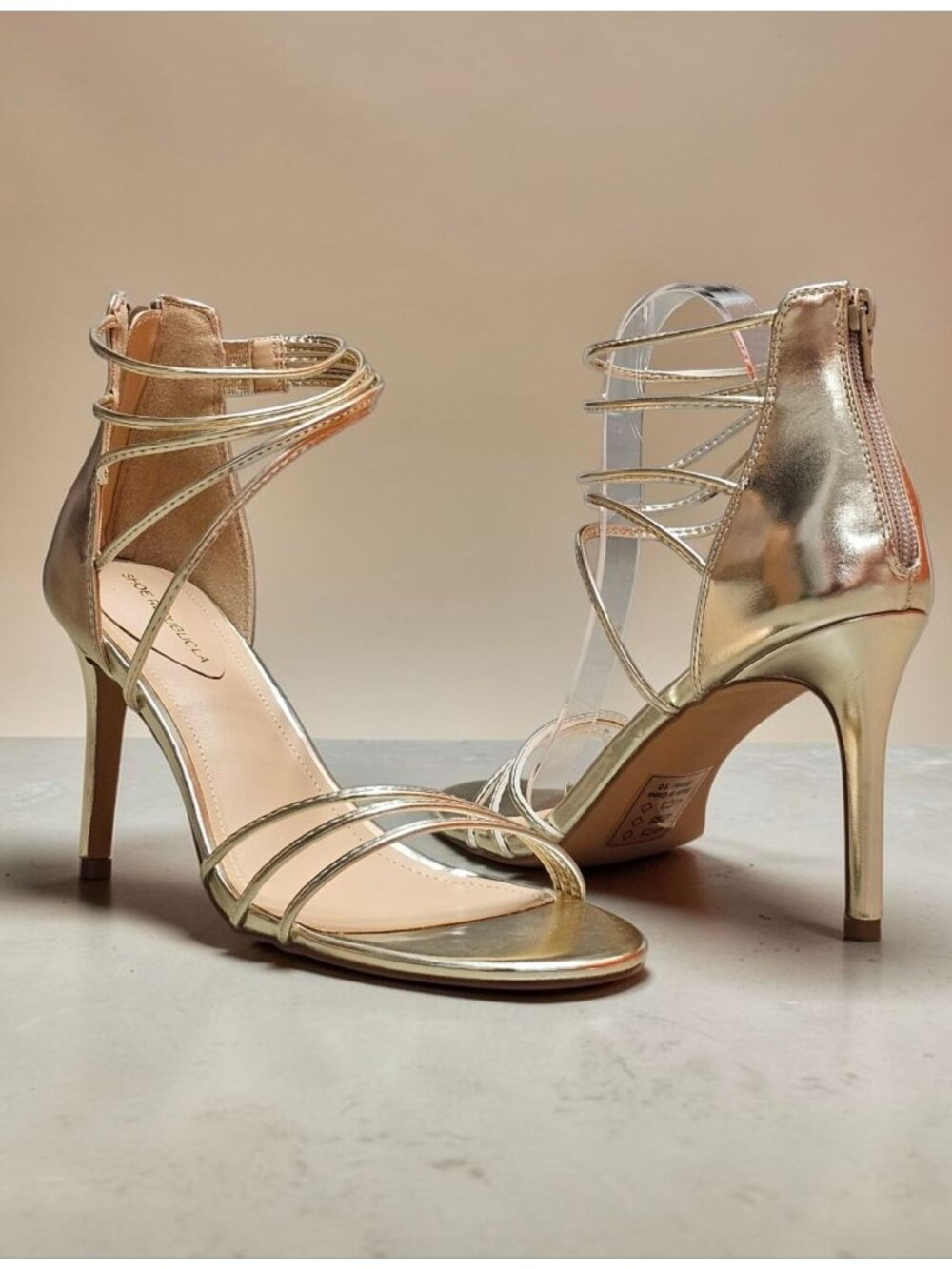 WomenS Gold Strappy Stiletto Sandals Open Toe Ankle Zip Dress Heels